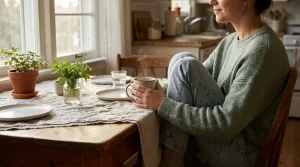 A person relaxing at a kitchen table after a meal with a warm cup of herbal tea, illustrating everyday digestive wellness and bloating comfort